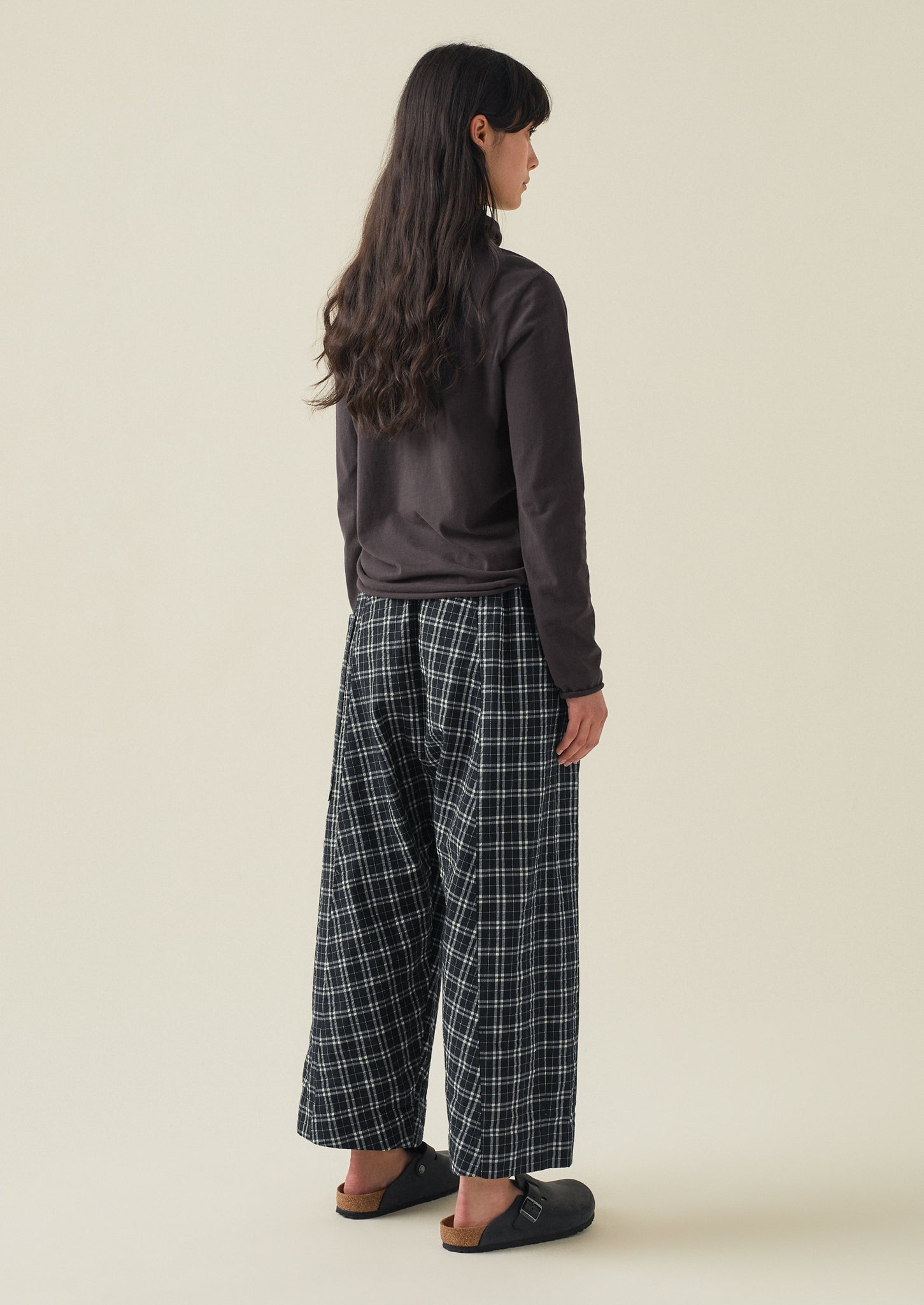 Check Cotton Wool Pull On Trousers | Charcoal/Ecru