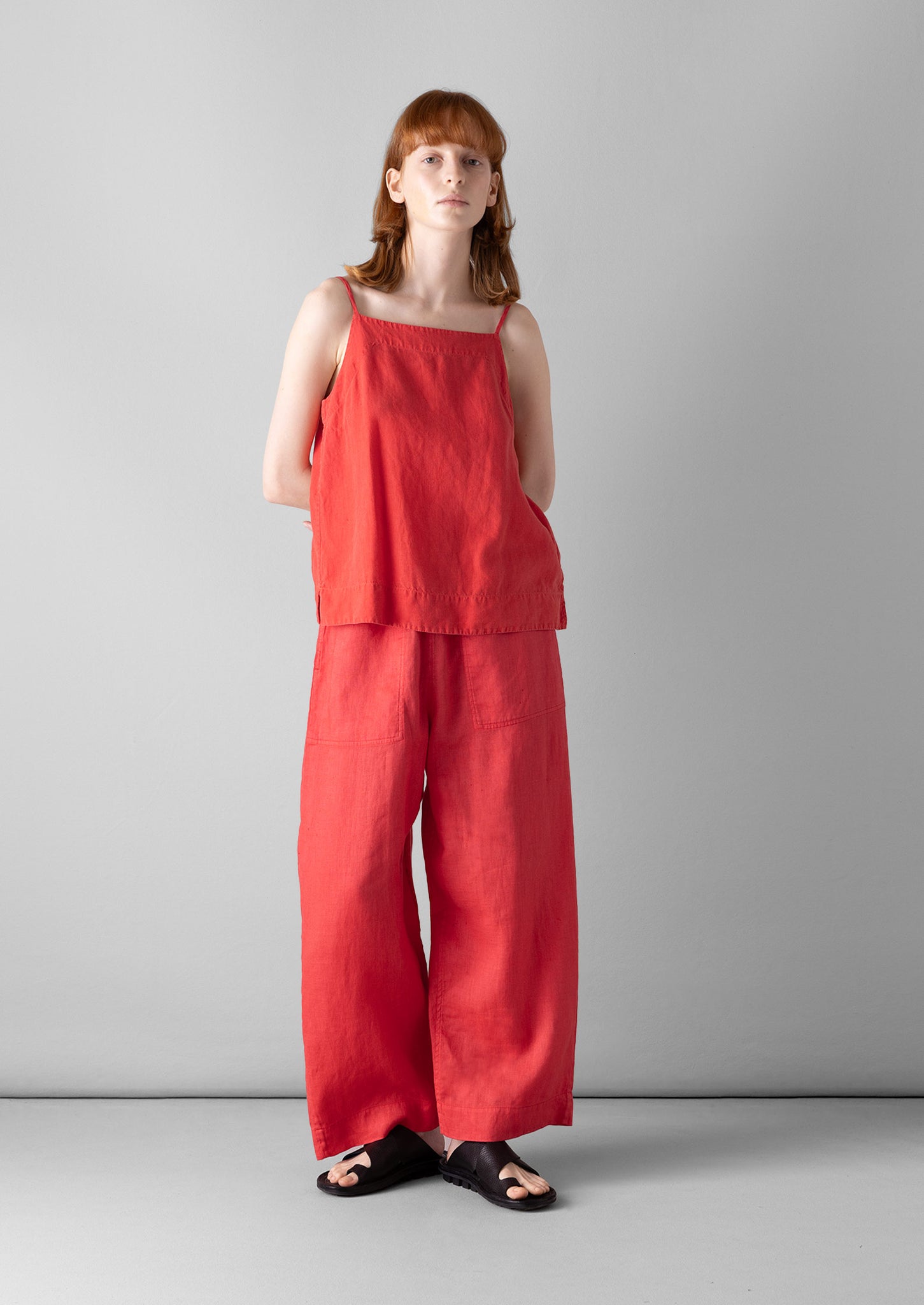 Garment Dyed Lightweight Linen Barrel Leg Trousers | Poppy Red