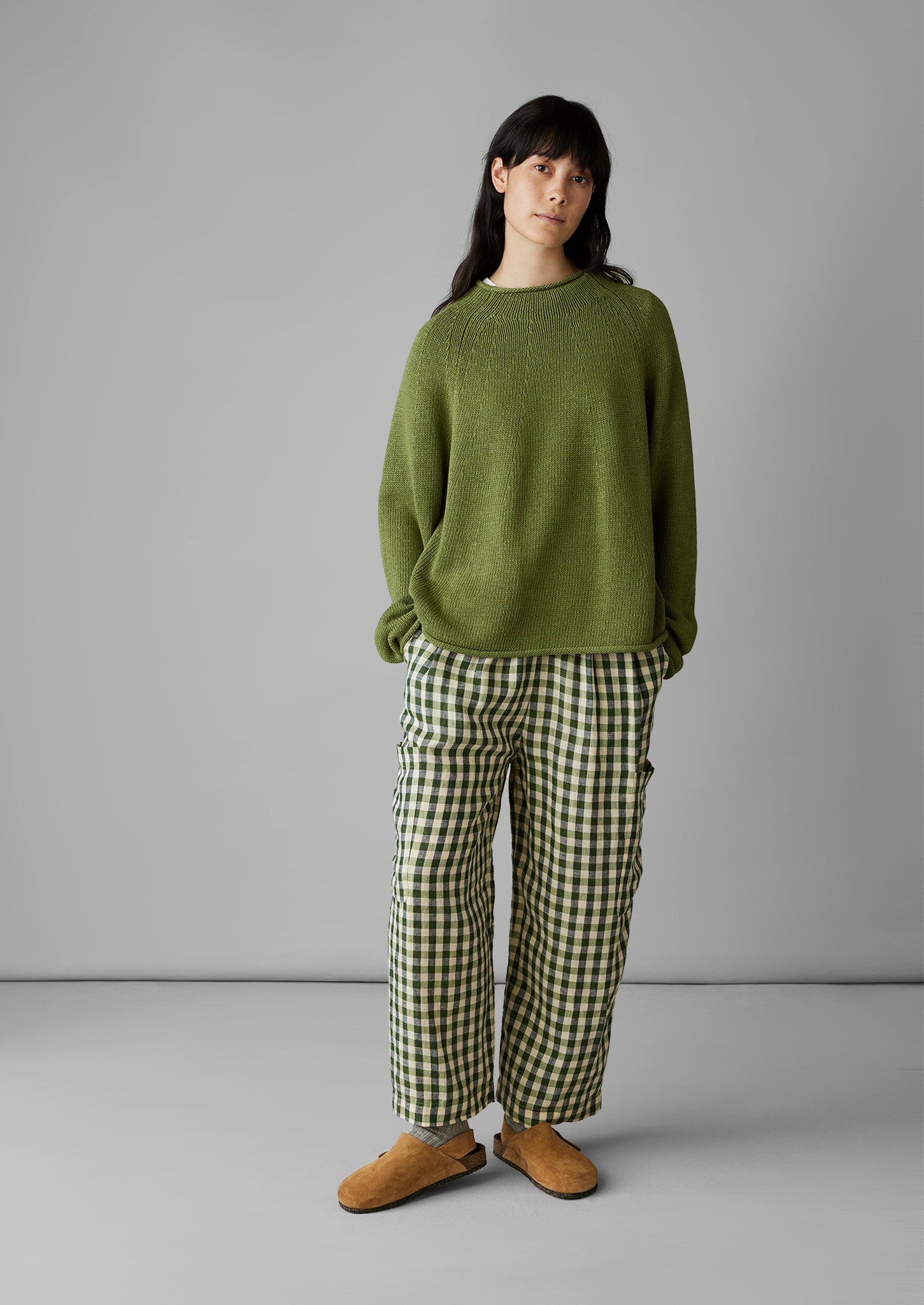 Gingham Linen Patch Pocket Trousers | Garden Green