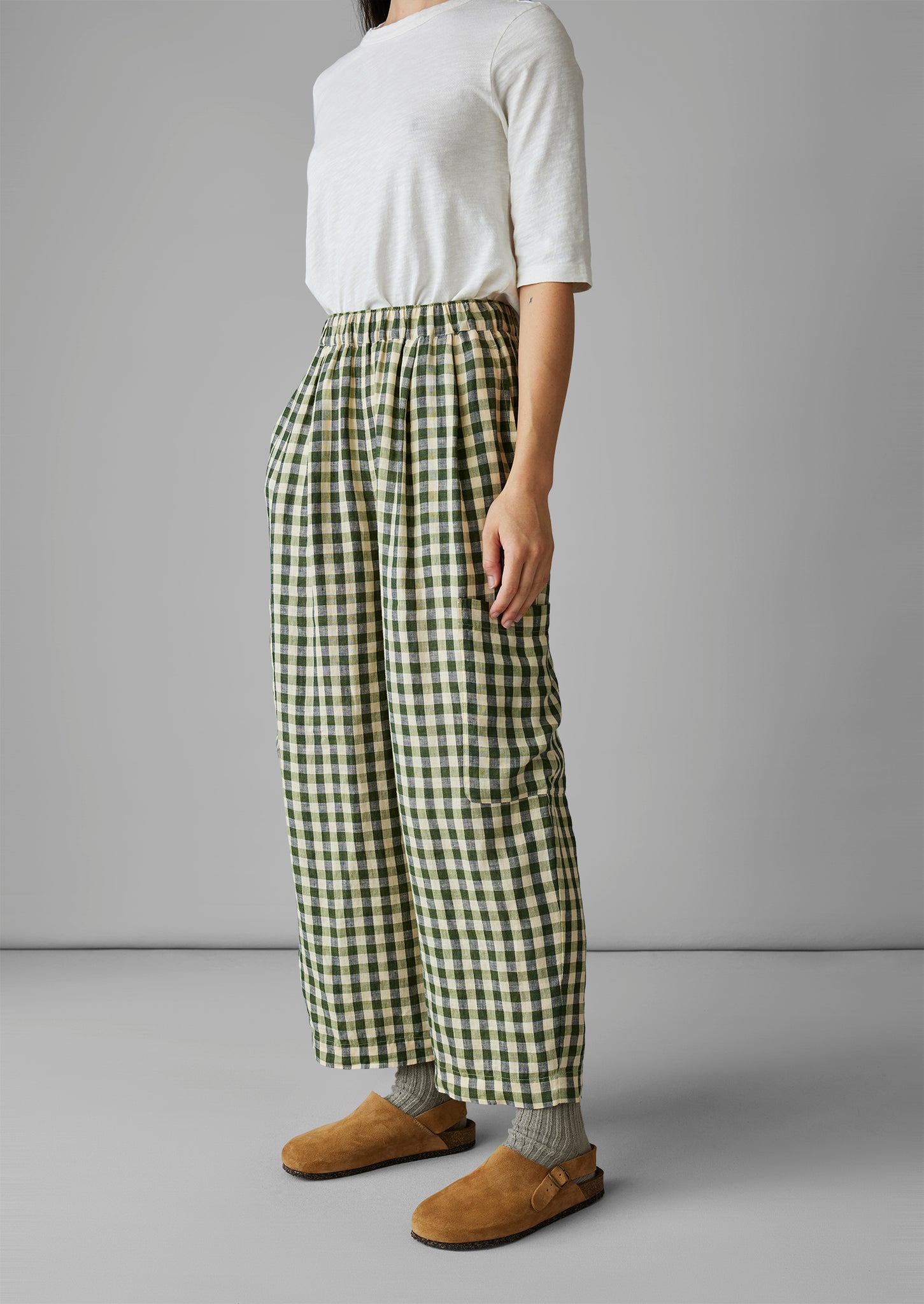 Gingham Linen Patch Pocket Trousers | Garden Green