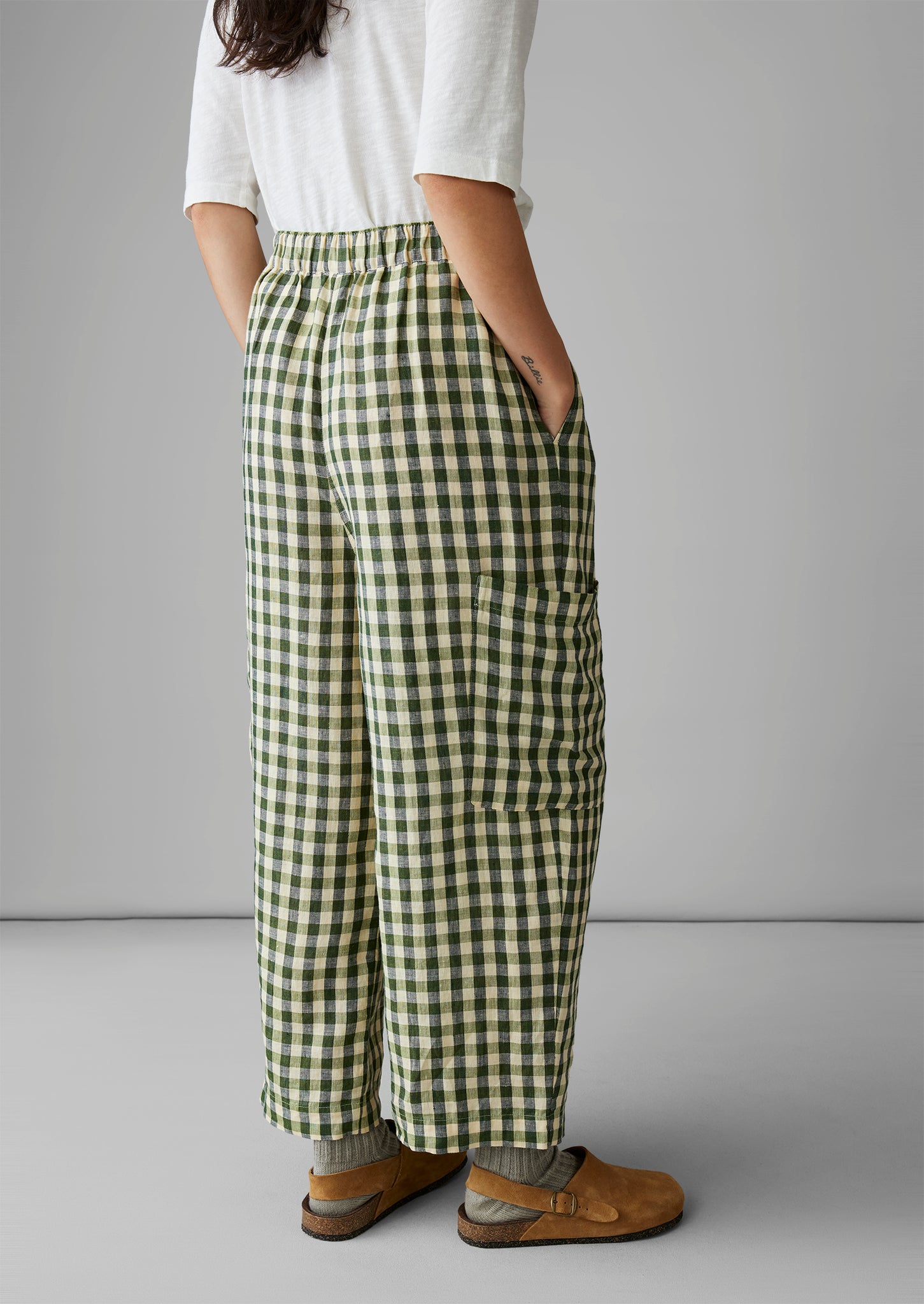 Gingham Linen Patch Pocket Trousers | Garden Green