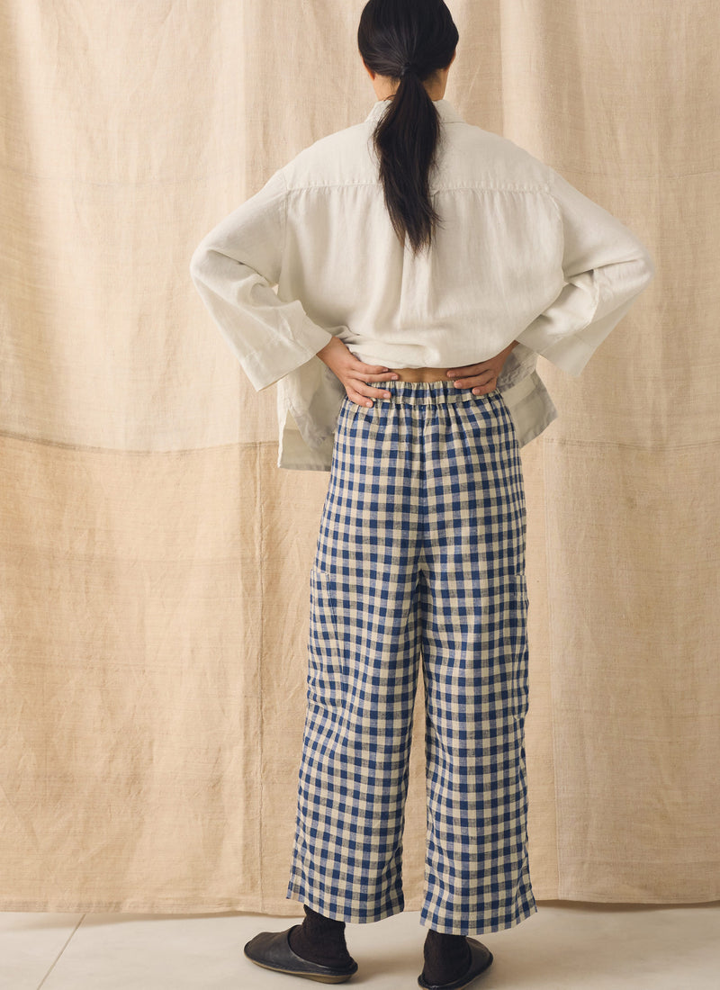 Gingham Linen Cotton Patch Pocket Trousers | Denim Blue