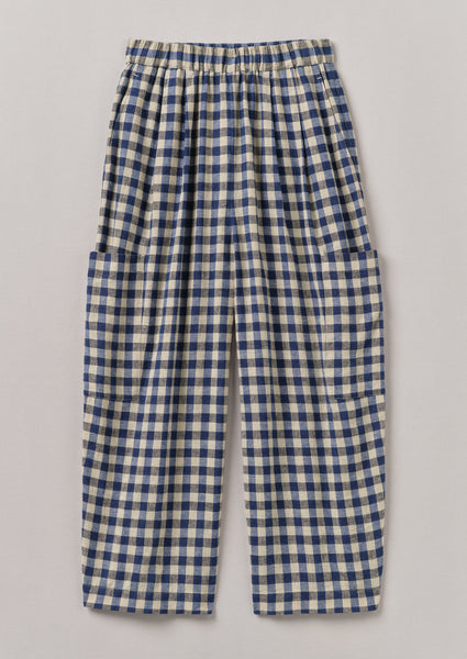 Gingham Linen Cotton Patch Pocket Trousers Denim Blue