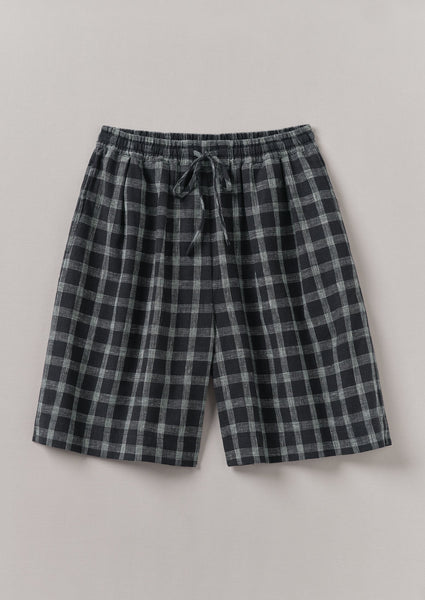 Check Cotton Linen Shorts Slate