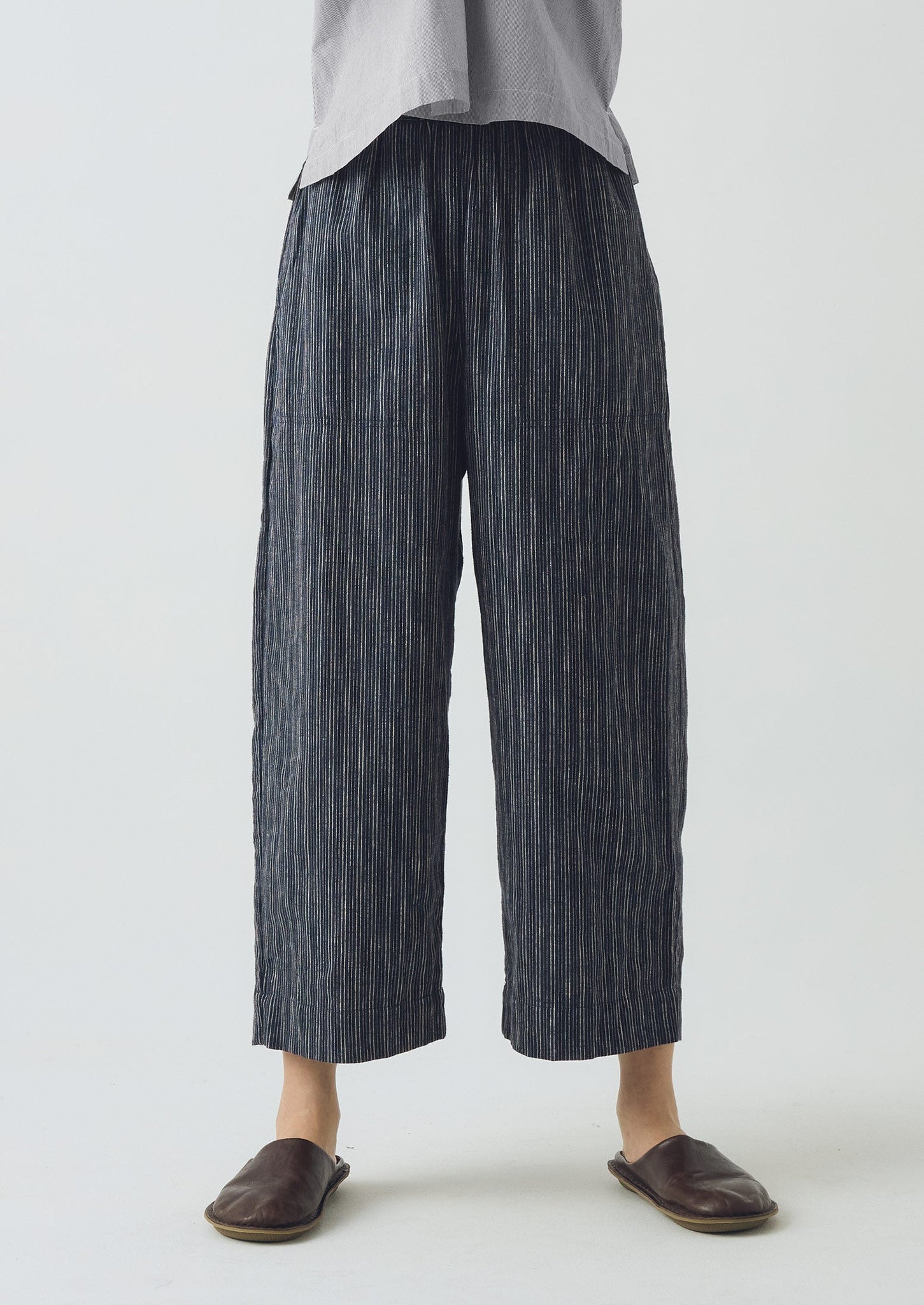 Stripe Linen Cotton Barrel Leg Trousers | Shadow Blue/Black