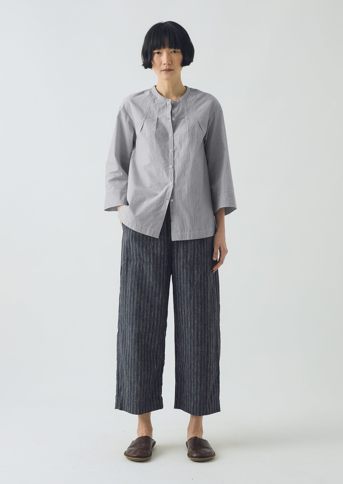 Stripe Linen Cotton Barrel Leg Trousers | Shadow Blue/Black
