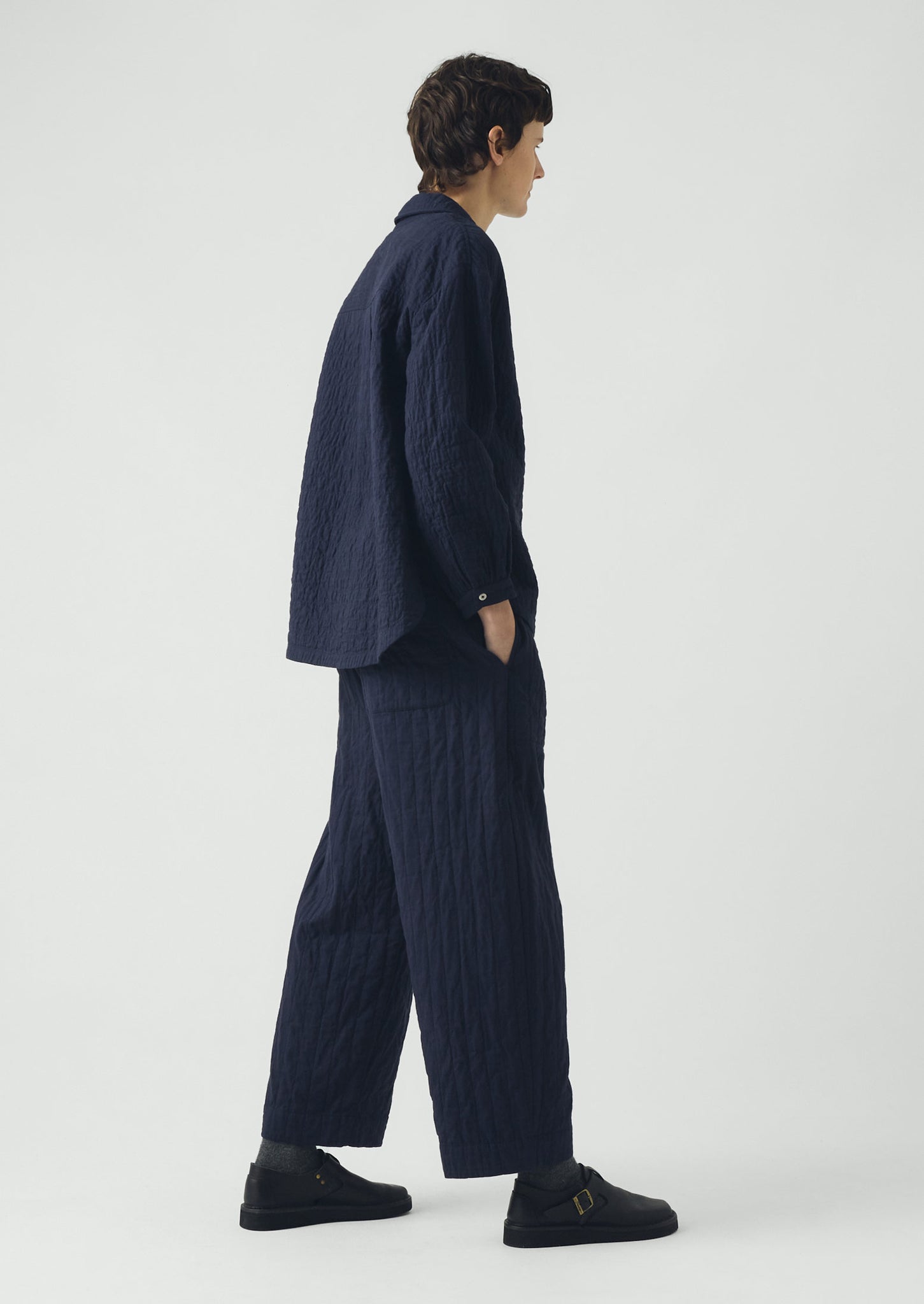 Quilted Cotton Barrel Leg Trousers | Indigo Blue