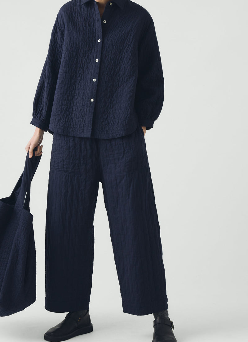 Quilted Cotton Barrel Leg Trousers | Indigo Blue