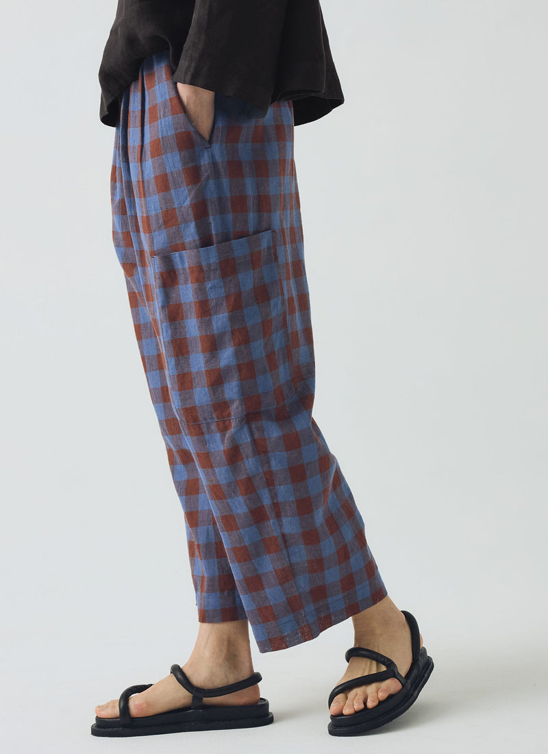 Mineral Check Linen Cotton Trousers | Brown Ochre/Dark Cornflower