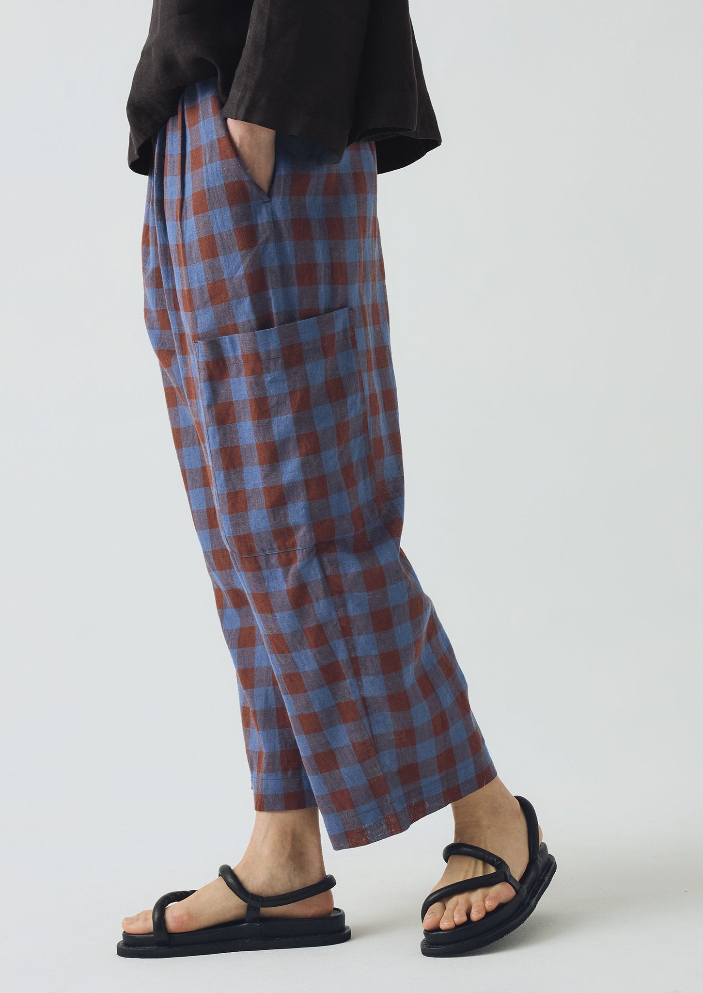 Mineral Check Linen Cotton Trousers | Brown Ochre/Dark Cornflower