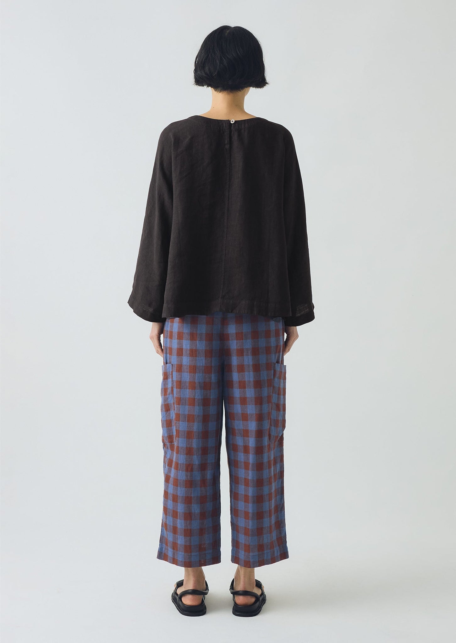 Mineral Check Linen Cotton Trousers | Brown Ochre/Dark Cornflower