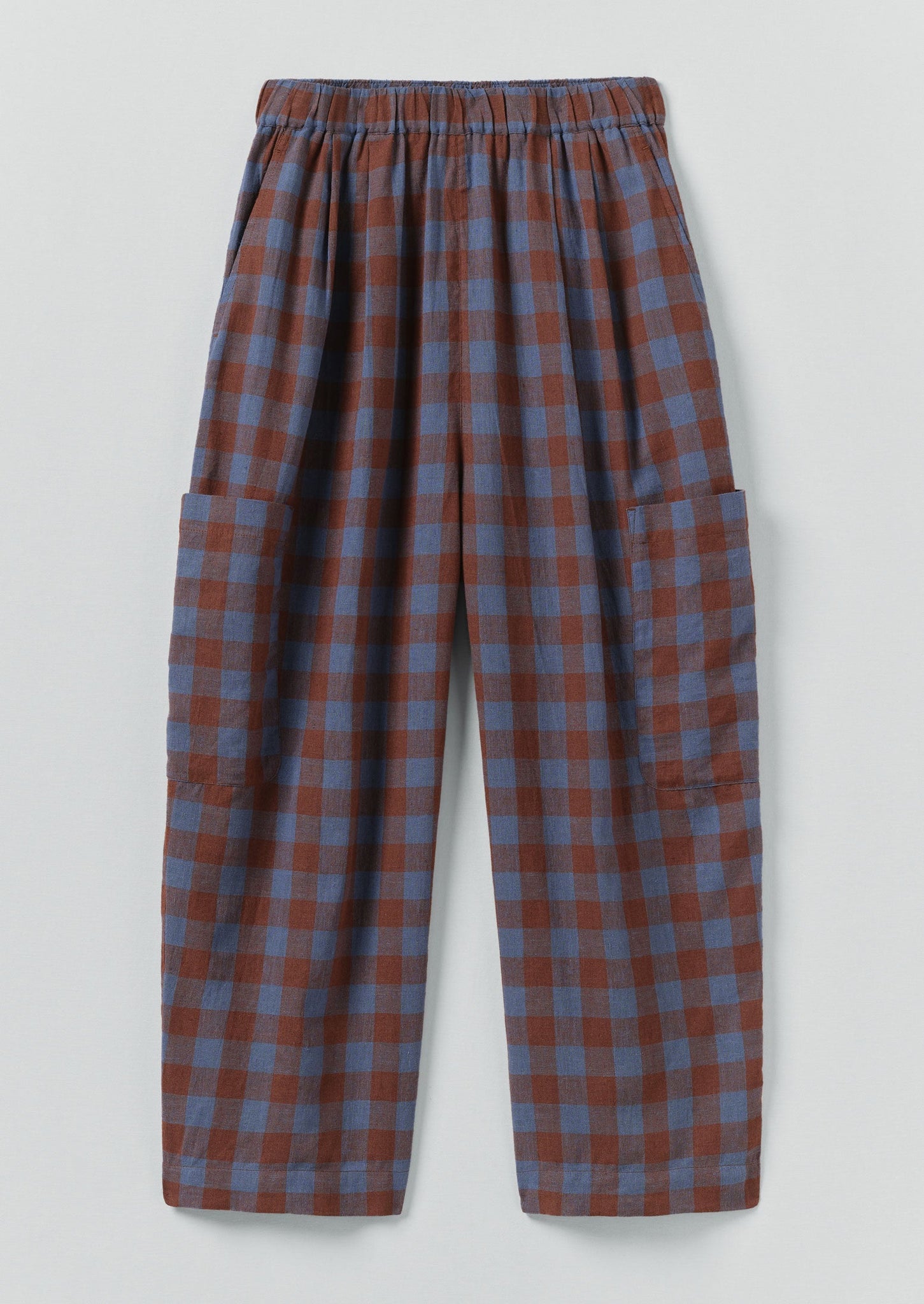 Mineral Check Linen Cotton Trousers | Brown Ochre/Dark Cornflower