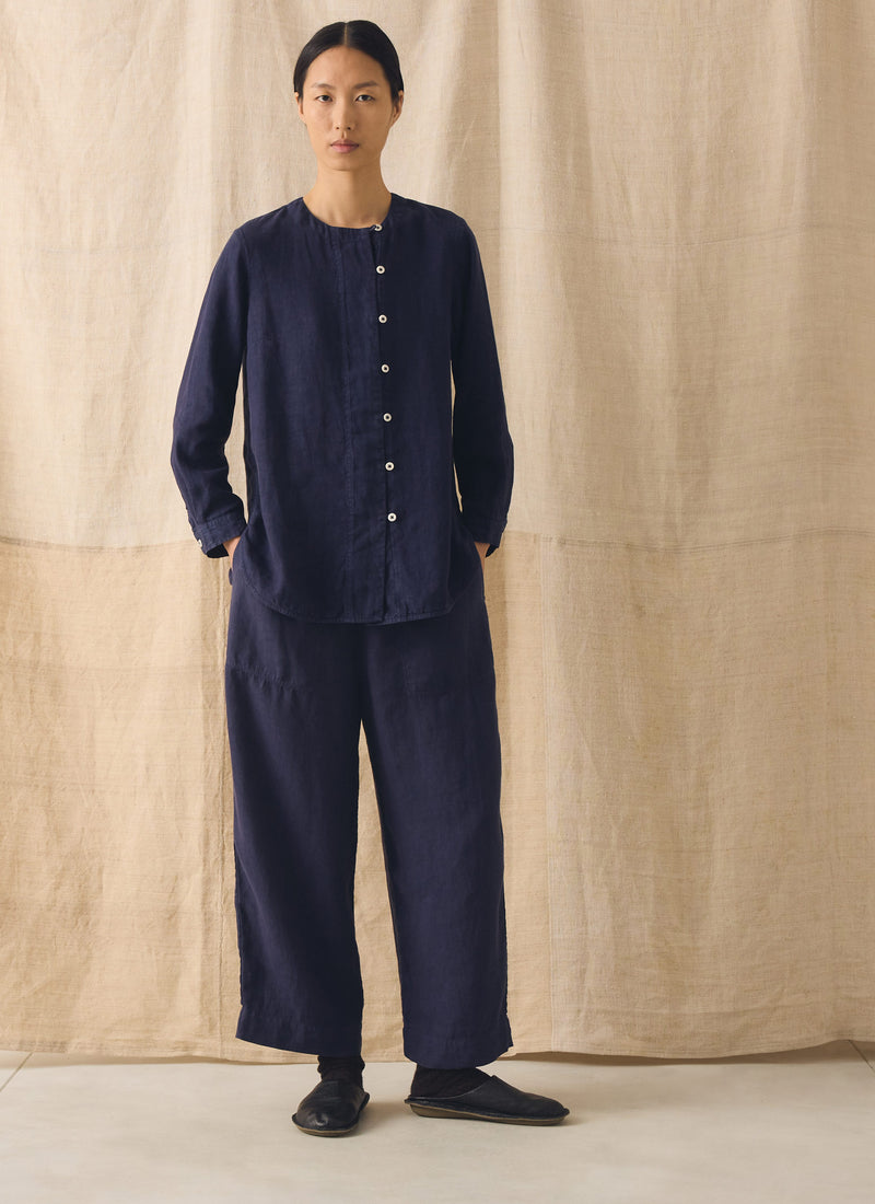 Garment Dyed Linen Barrel Leg Trousers | Blueberry