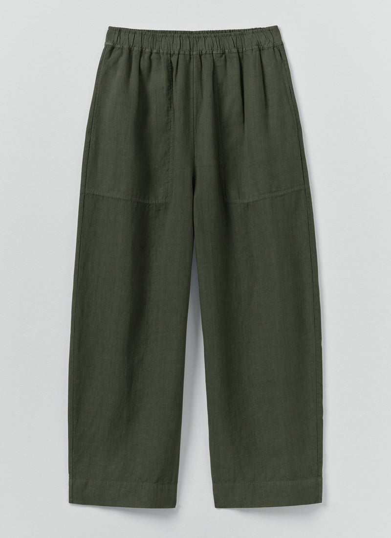 Garment Dyed Linen Barrel Leg Trousers | Dark Olive