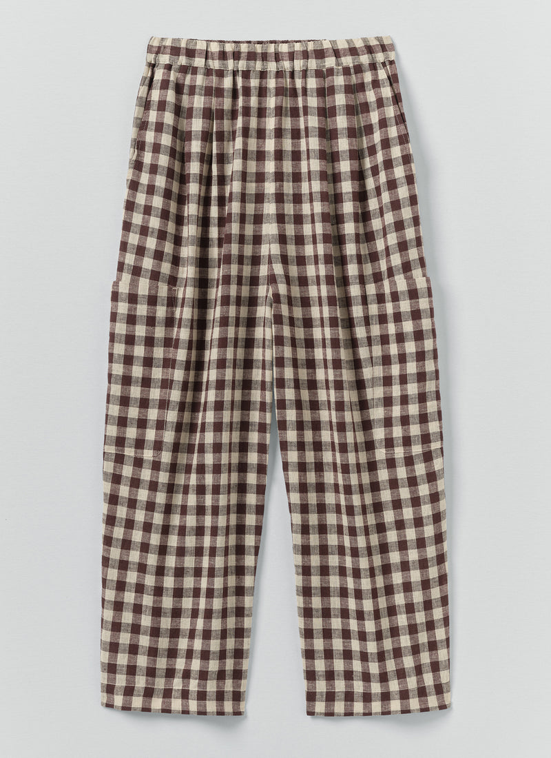 Gingham Linen Cotton Patch Pocket Trousers | Dark Chocolate/Ecru