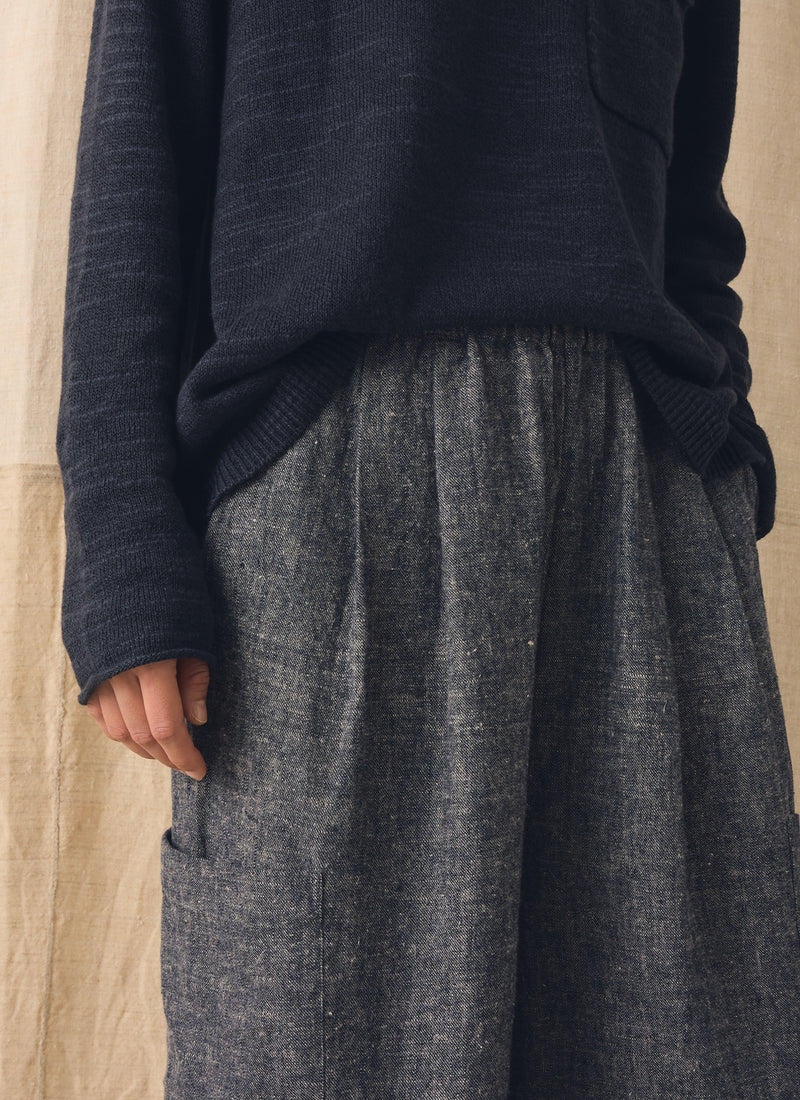 Linen Cotton Patch Pocket Trousers | Navy/Ecru