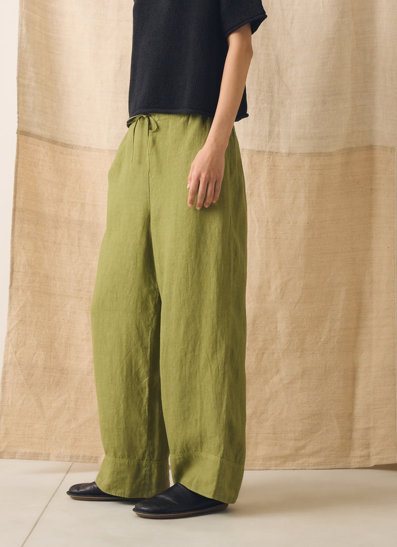 Garment Dyed Linen Wide Leg Trousers | Pale Olive