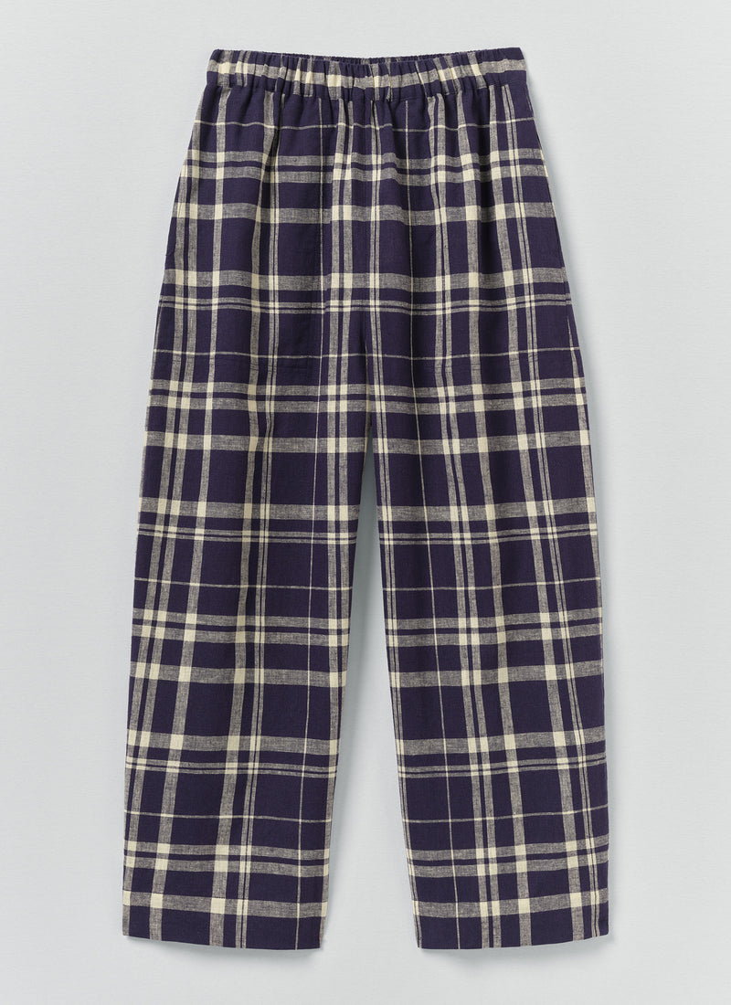 Barrel Leg Check Linen Cotton Trousers | Blue/Soya