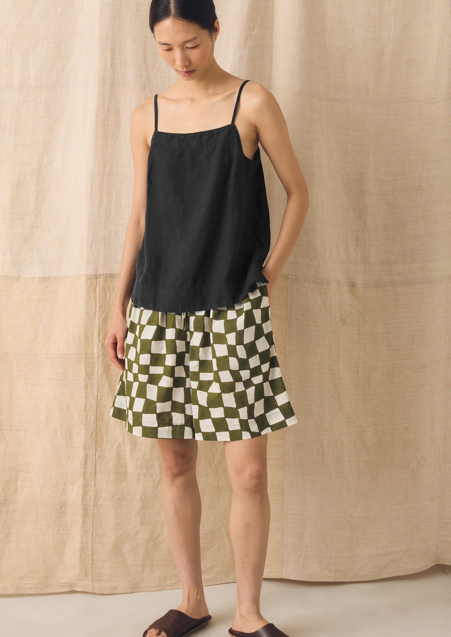 Block Print Warp Check Shorts | Olive | TOAST