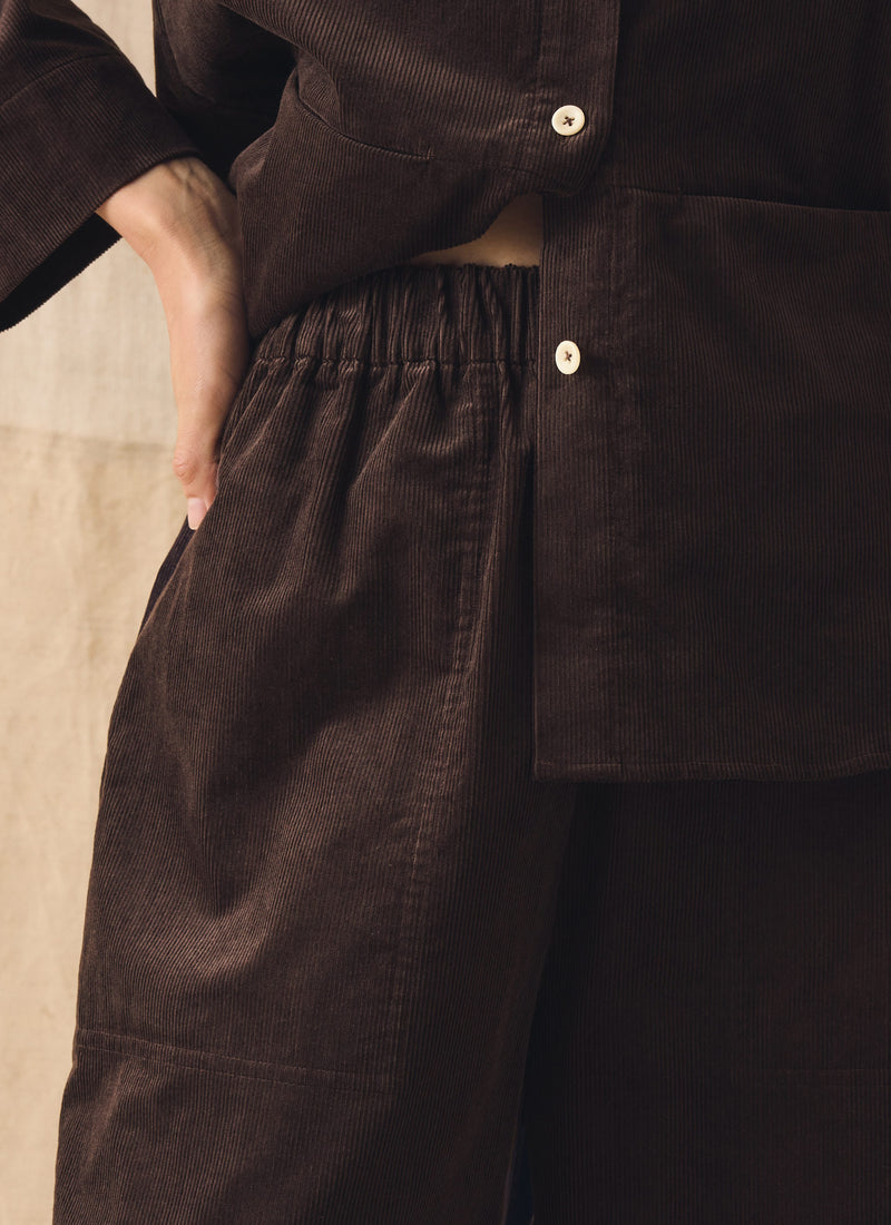 Organic Cord Barrel Leg Trousers | Bitter Chocolate