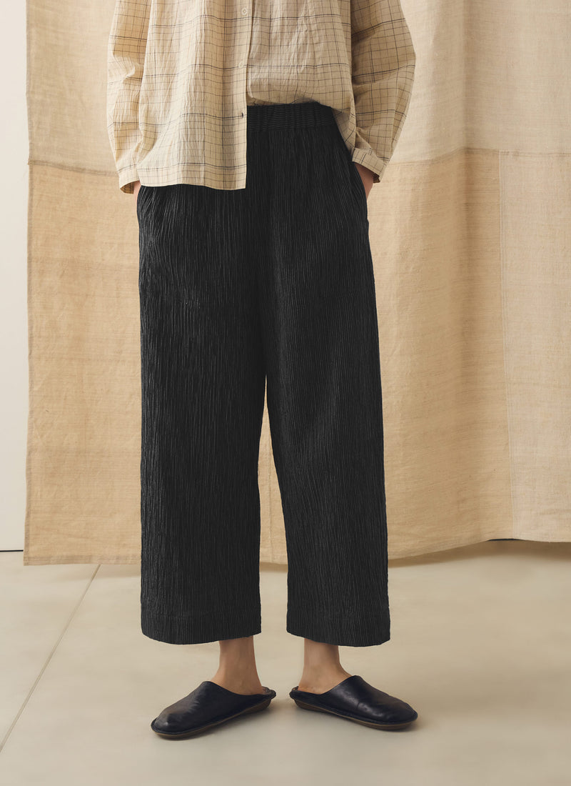 Fine Stripe Crinkle Cotton Barrel Leg Trousers | Earth/Ecru