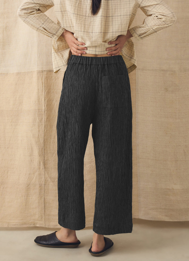 Fine Stripe Crinkle Cotton Barrel Leg Trousers | Earth/Ecru