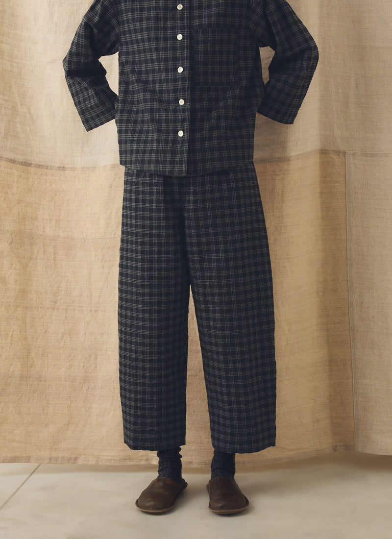 Check Cotton Wool Barrel Leg Trousers | Dark Charcoal/Black