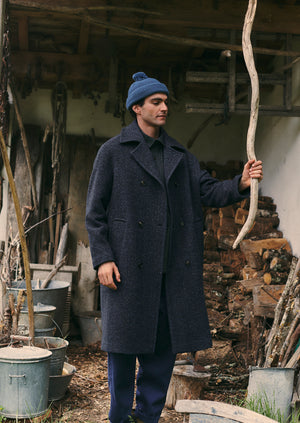 Double Breasted Wool Overcoat | Navy Melange