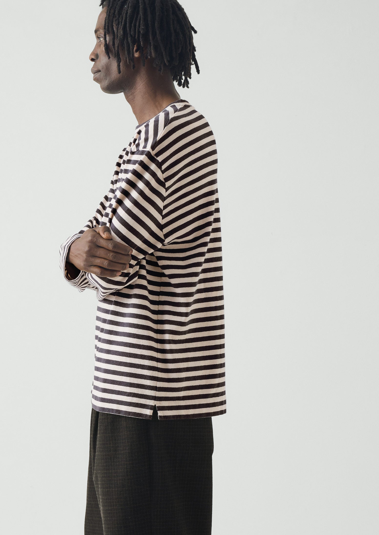 Chef Stripe Long Sleeve Cotton Tee | Slate/Vintage White | TOAST