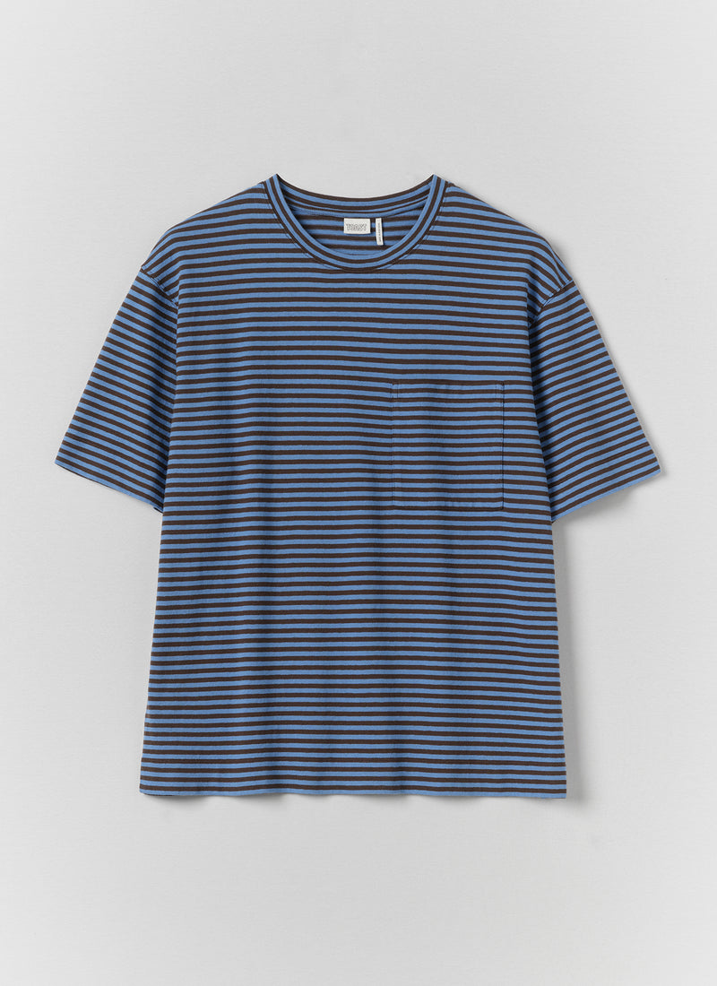 Bold Stripe Cotton Short Sleeve Tee | Azure Blue/Tawny Brown