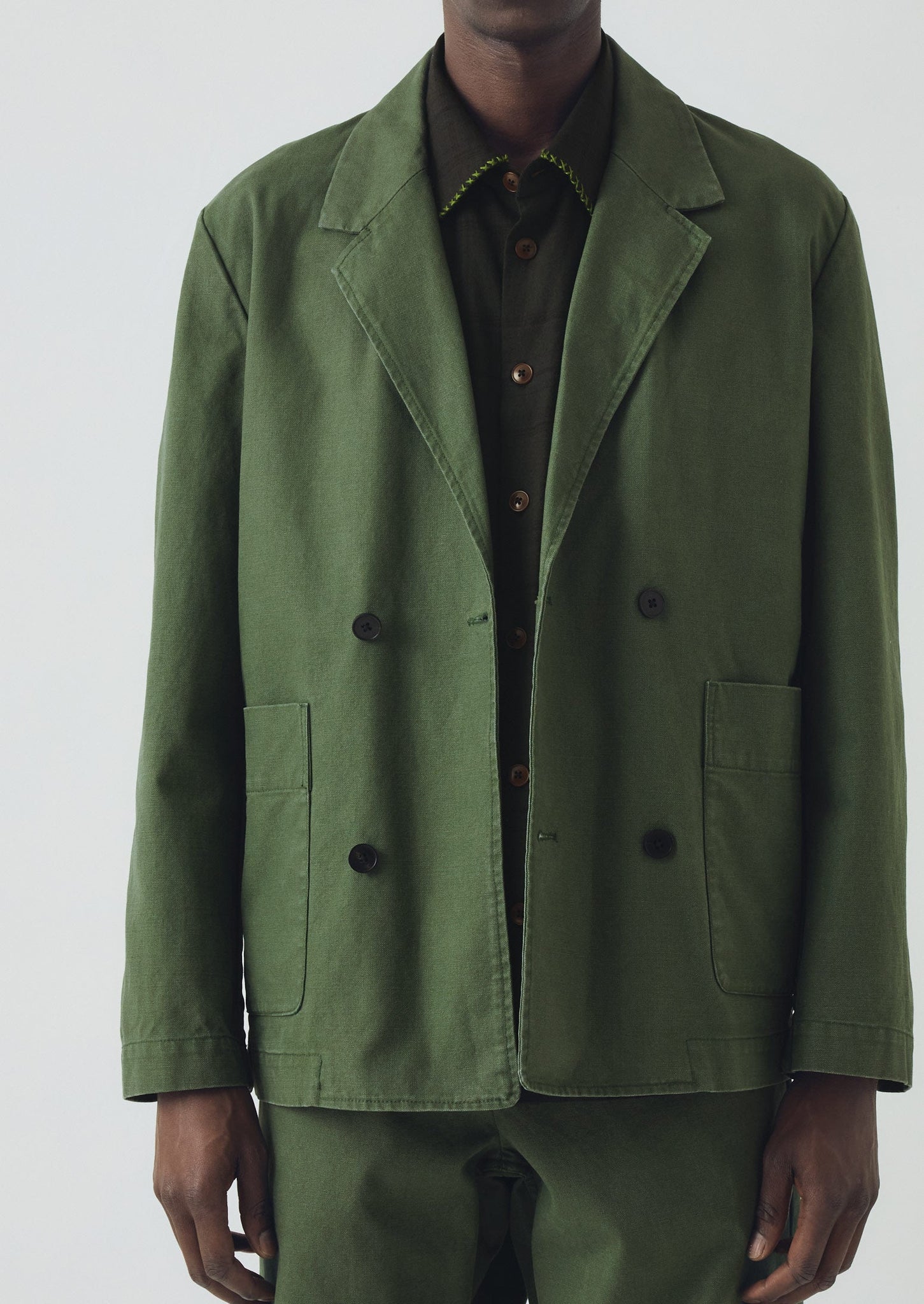 Cotton Canvas Breasted Jacket | Balsam Green