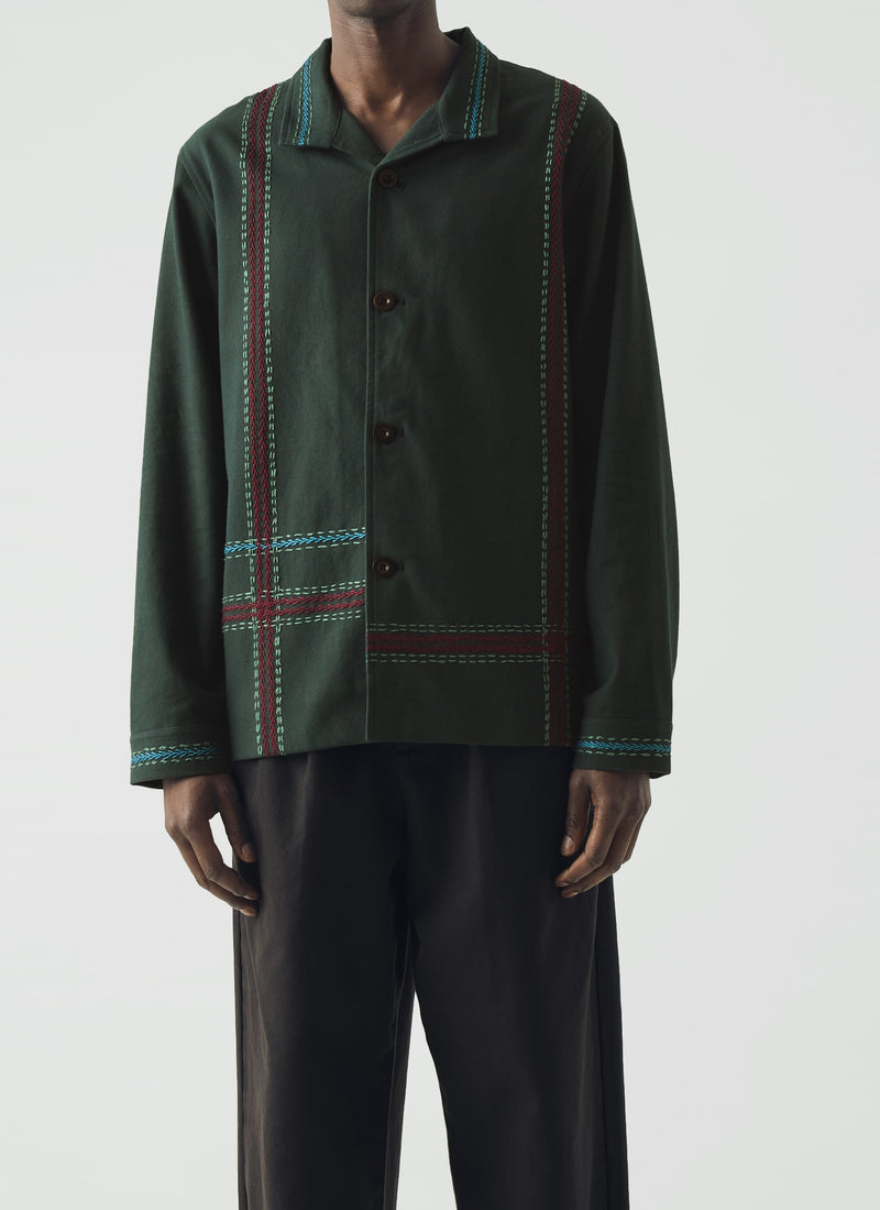 Hand Embroidered Stripe Cotton Jacket | Verdigris