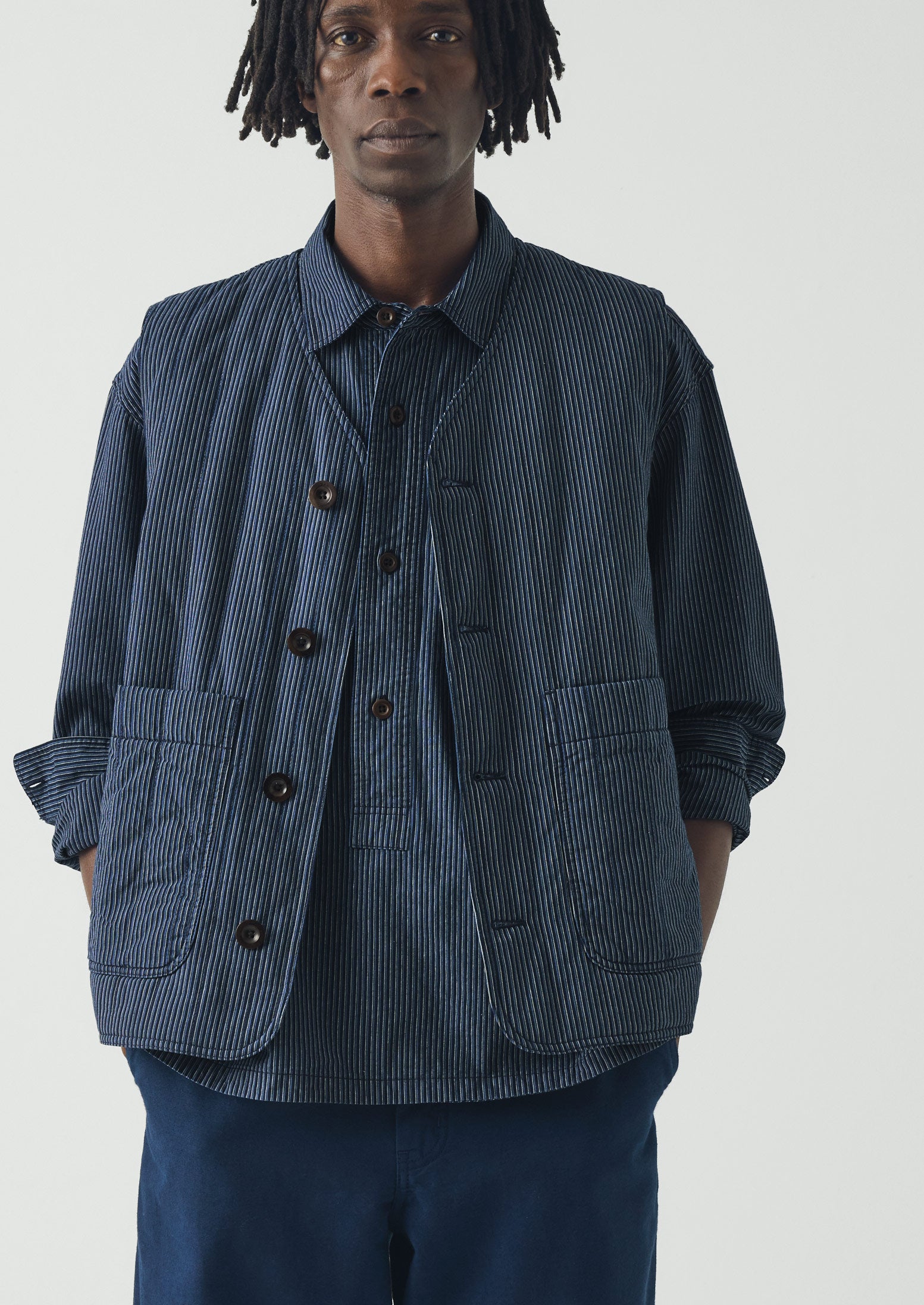 Railroad Stripe Padded Gilet | Denim Blue | TOAST