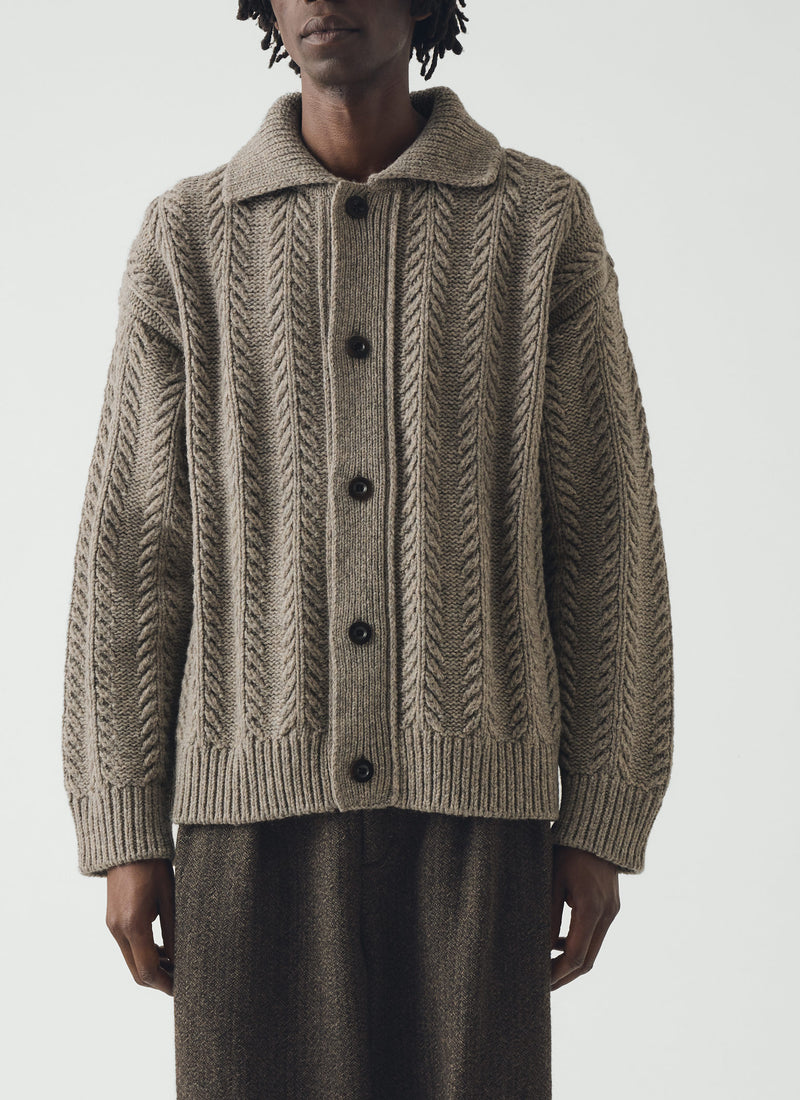 Collared Aran Wool Cardigan | Stone