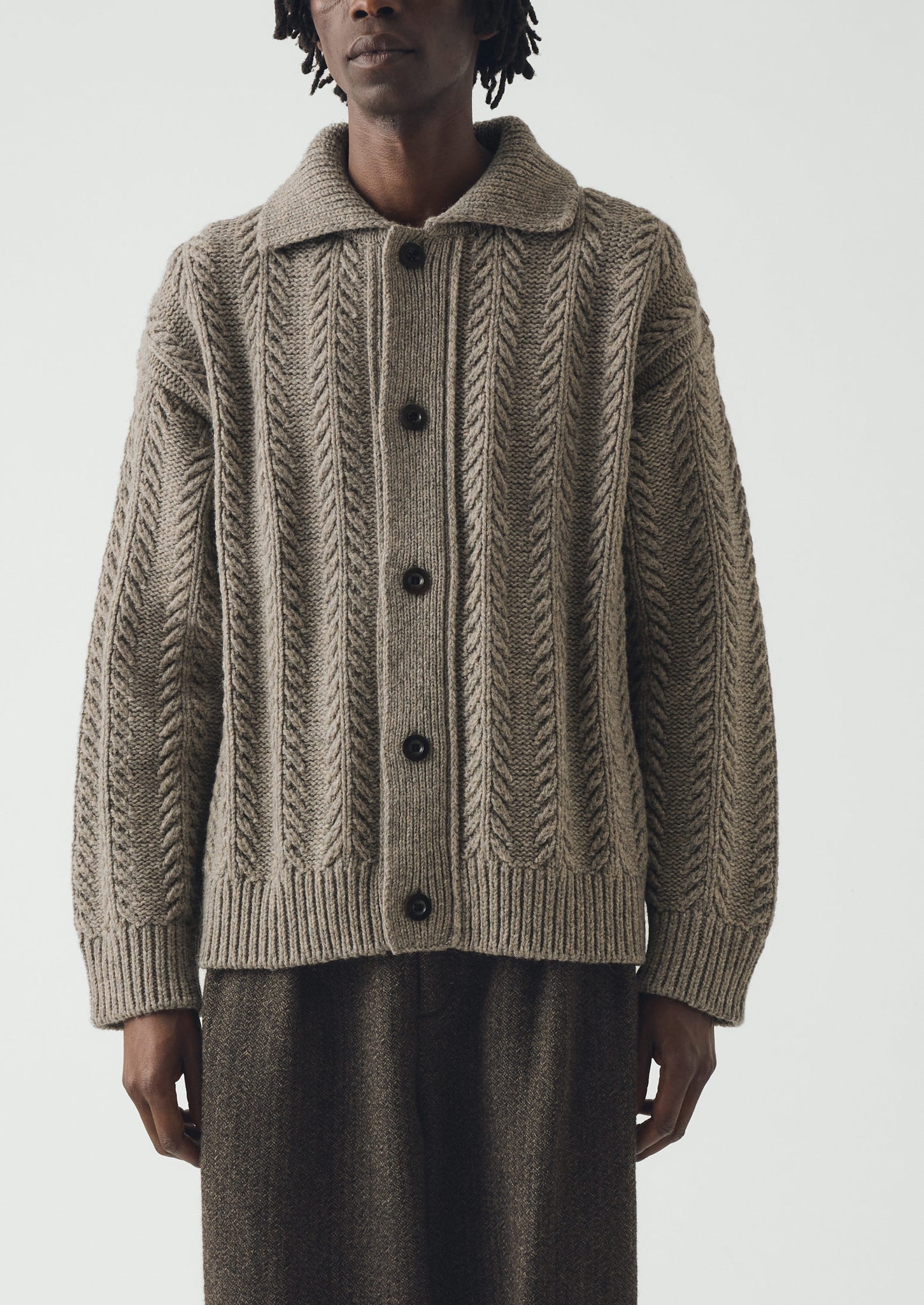 Collared Aran Wool Cardigan | Stone | TOAST