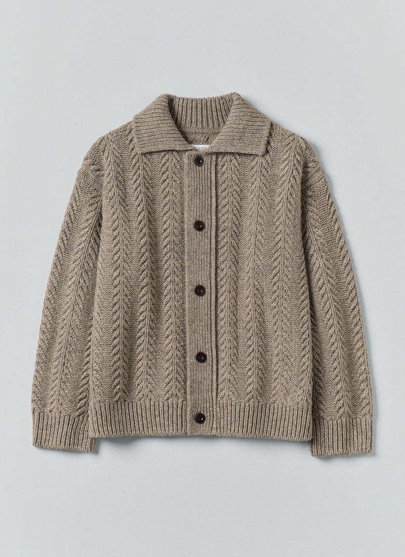 Collared Aran Wool Cardigan | Stone