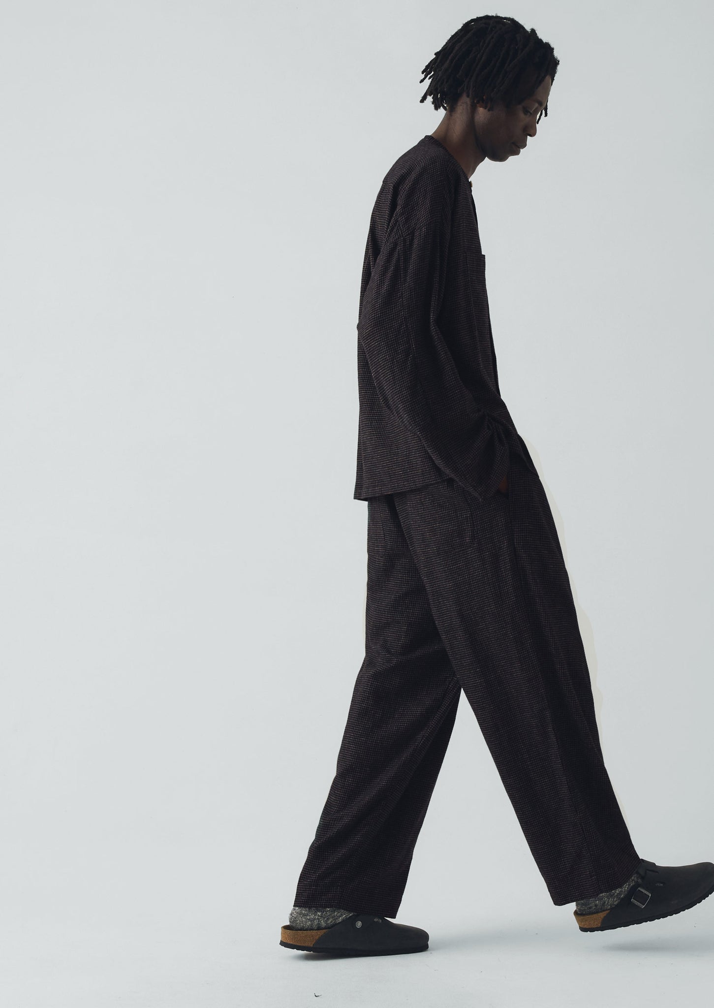 Cotton Cashmere Check Pleated Trousers | Black/Ecru