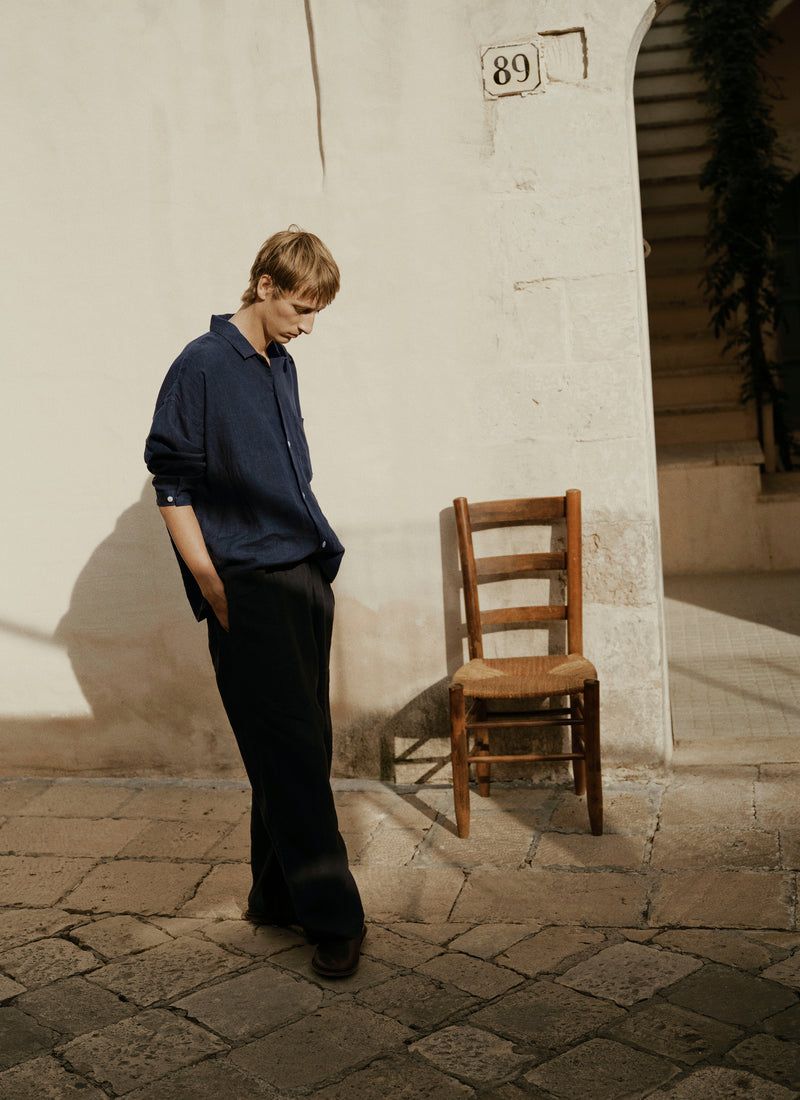 Garment Dyed Linen Drawstring Trousers | Blueberry