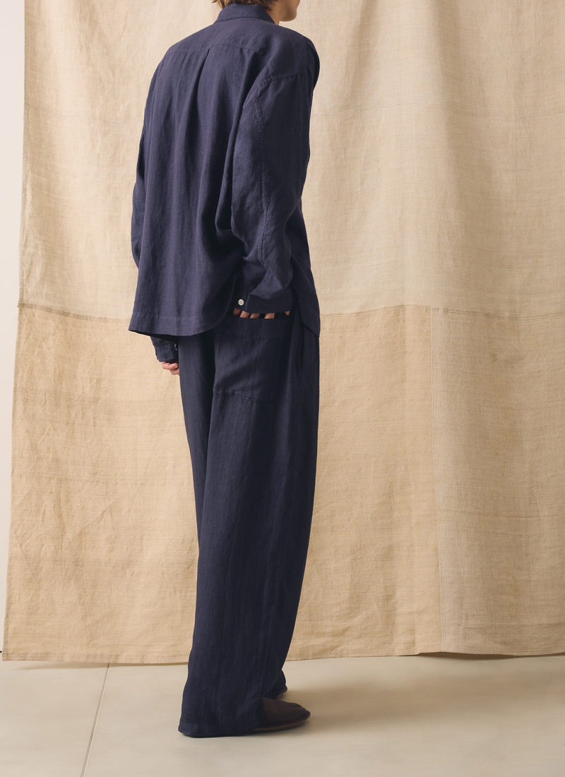 Garment Dyed Linen Drawstring Trousers | Blueberry