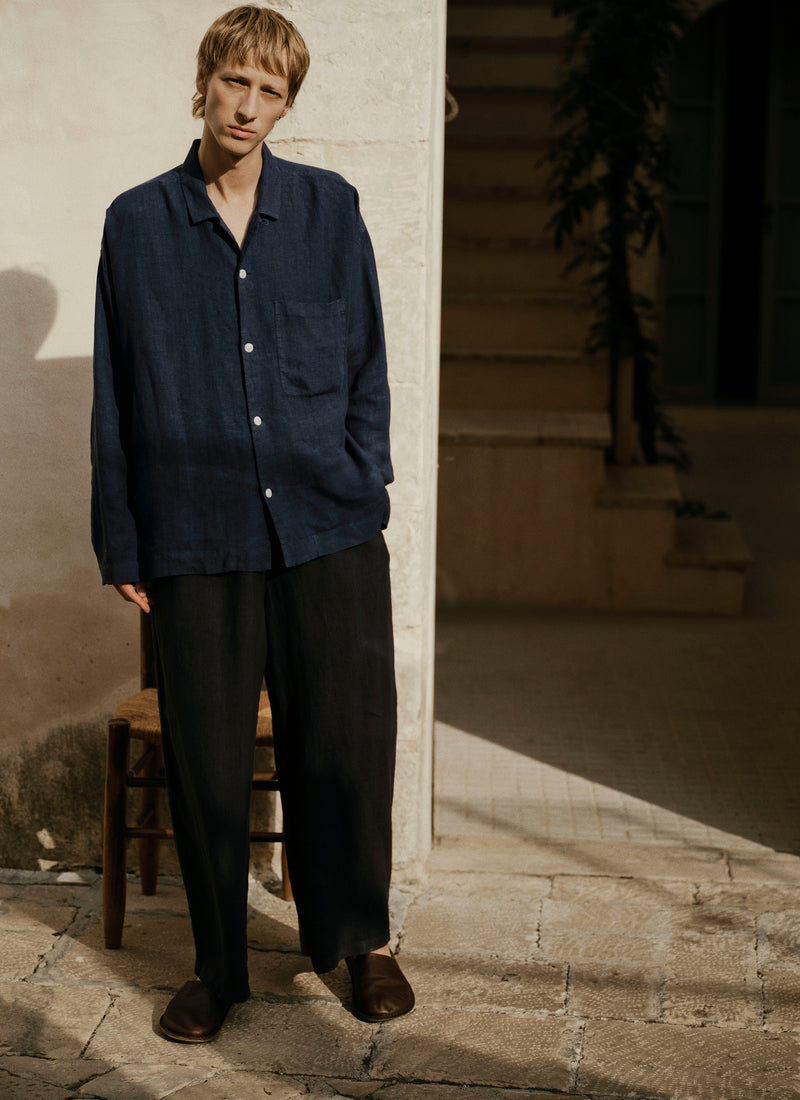Garment Dyed Linen Drawstring Trousers | Blueberry