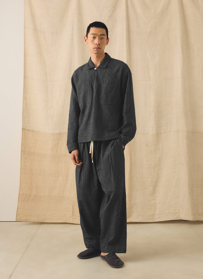 Fine Stripe Crinkle Cotton Pleated Trousers | Earth/Ecru
