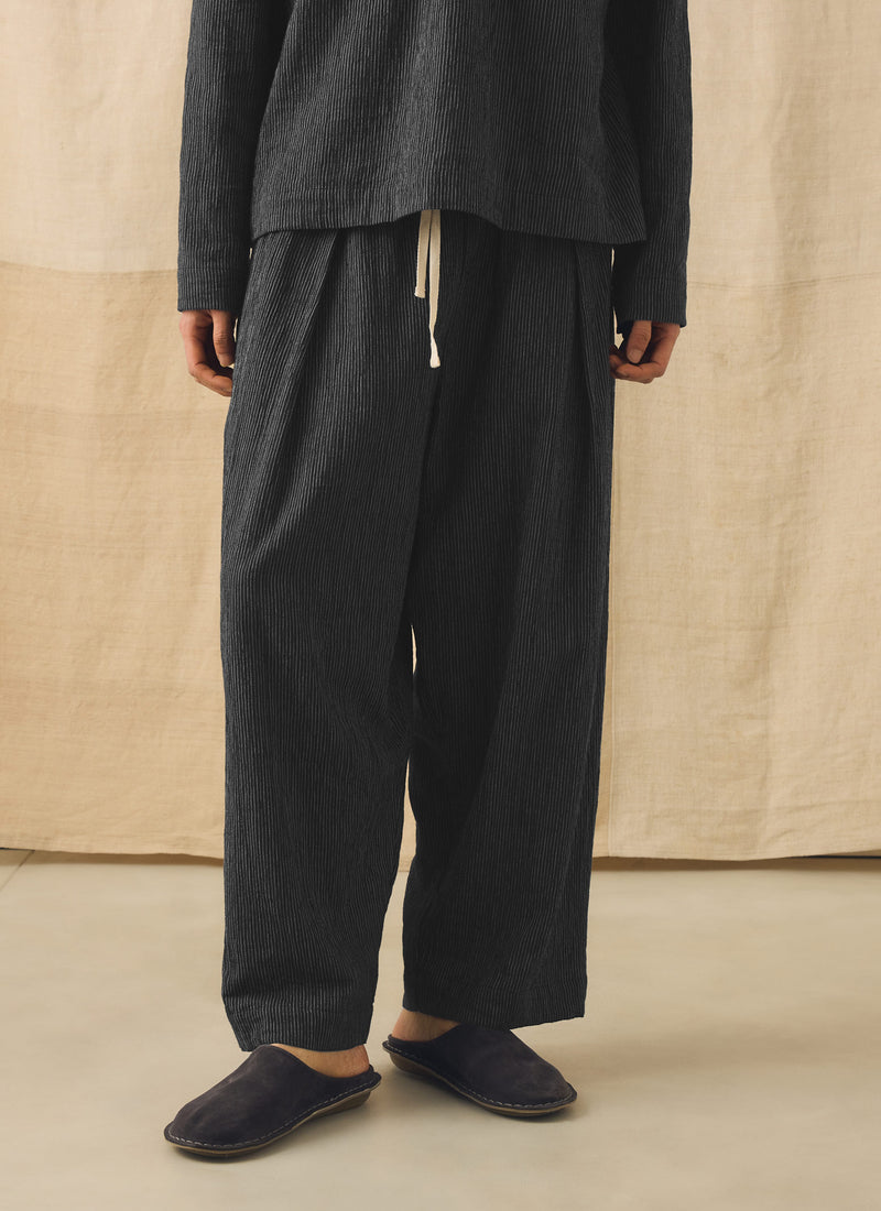 Fine Stripe Crinkle Cotton Pleated Trousers | Earth/Ecru