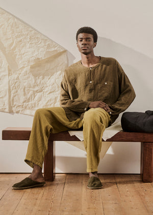 Garment Dyed Linen Collarless Shirt | Pear