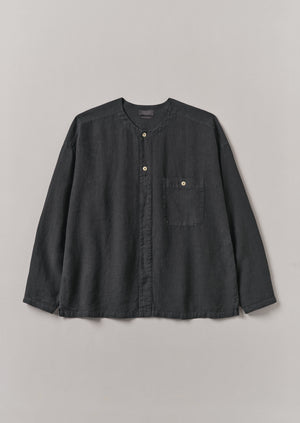 Garment Dyed Linen Collarless Shirt | Black Pepper