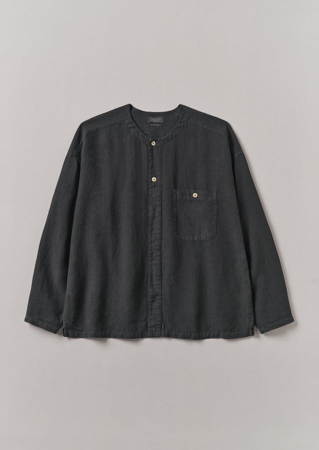 Garment Dyed Linen Collarless Shirt | Black Pepper
