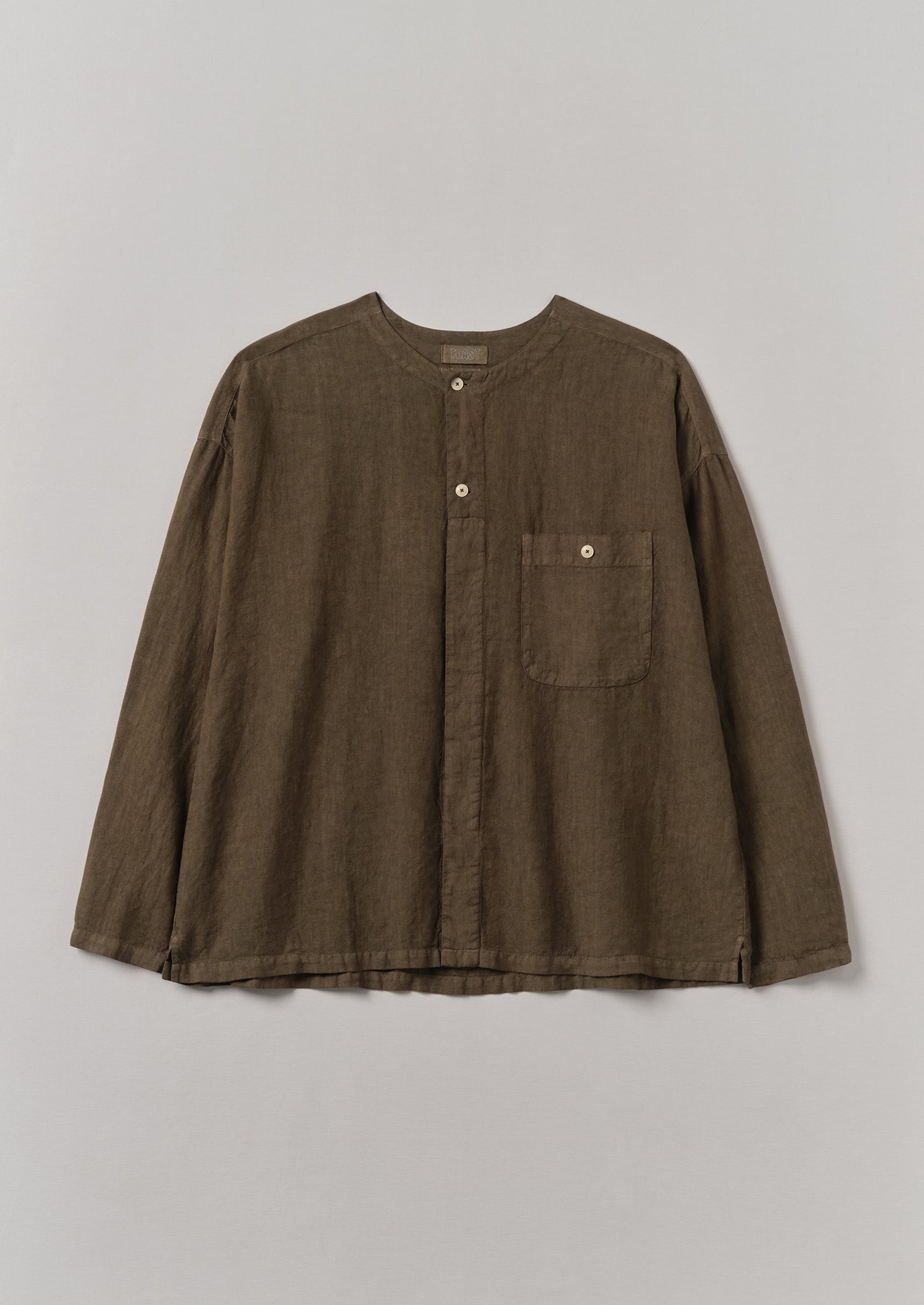 Garment Dyed Linen Collarless Shirt | Pear