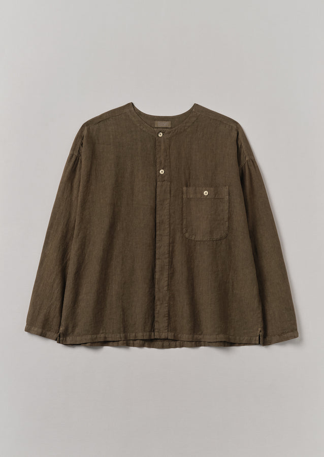 Garment Dyed Linen Collarless Shirt | Pear