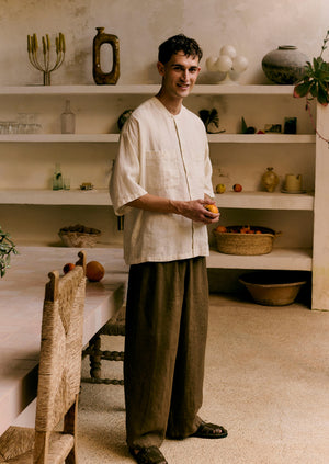 Garment Dyed Linen Grandad Collar Shirt | Oat