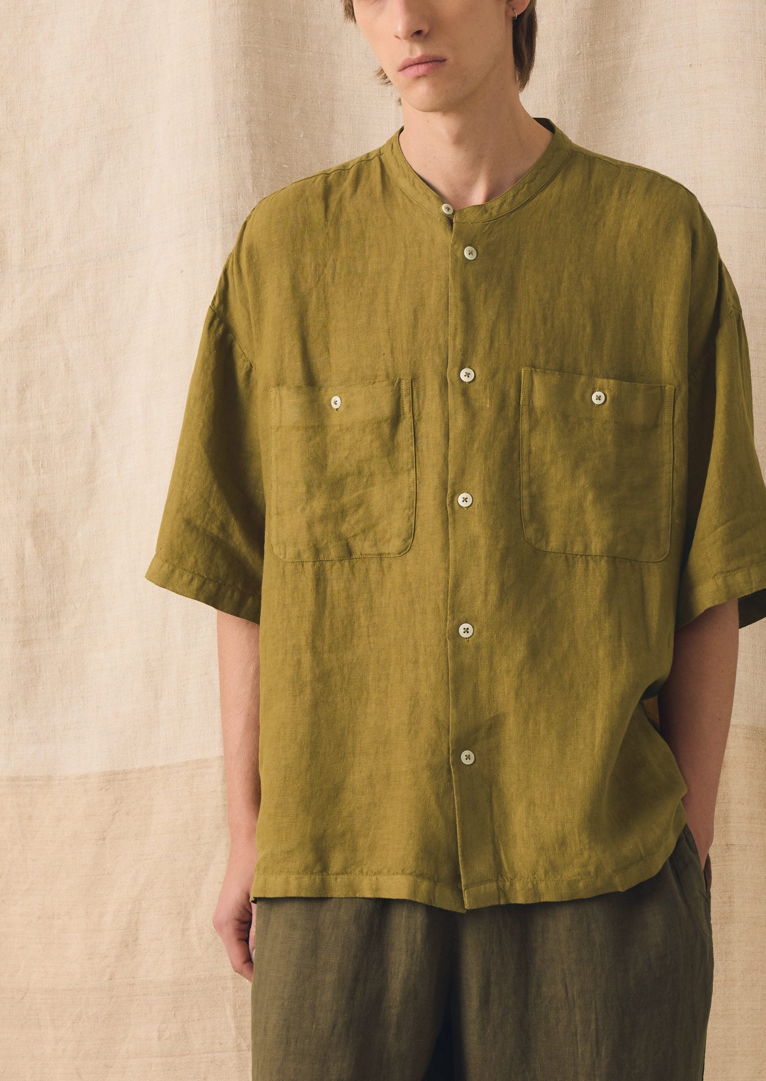 Garment Dyed Linen Grandad Collar Shirt | Durian Green | TOAST