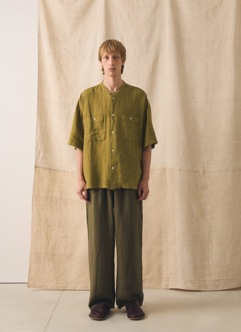 Garment Dyed Linen Grandad Collar Shirt | Durian Green
